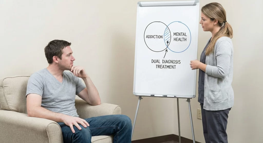 man sitting in office learning about dual diagnosis and rehab